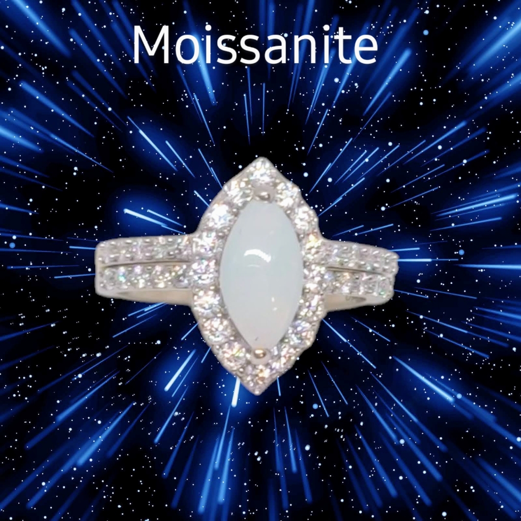 New Australian Opal & Moissanite Set Of 2 Rings In Platinum & Vermeil Yg